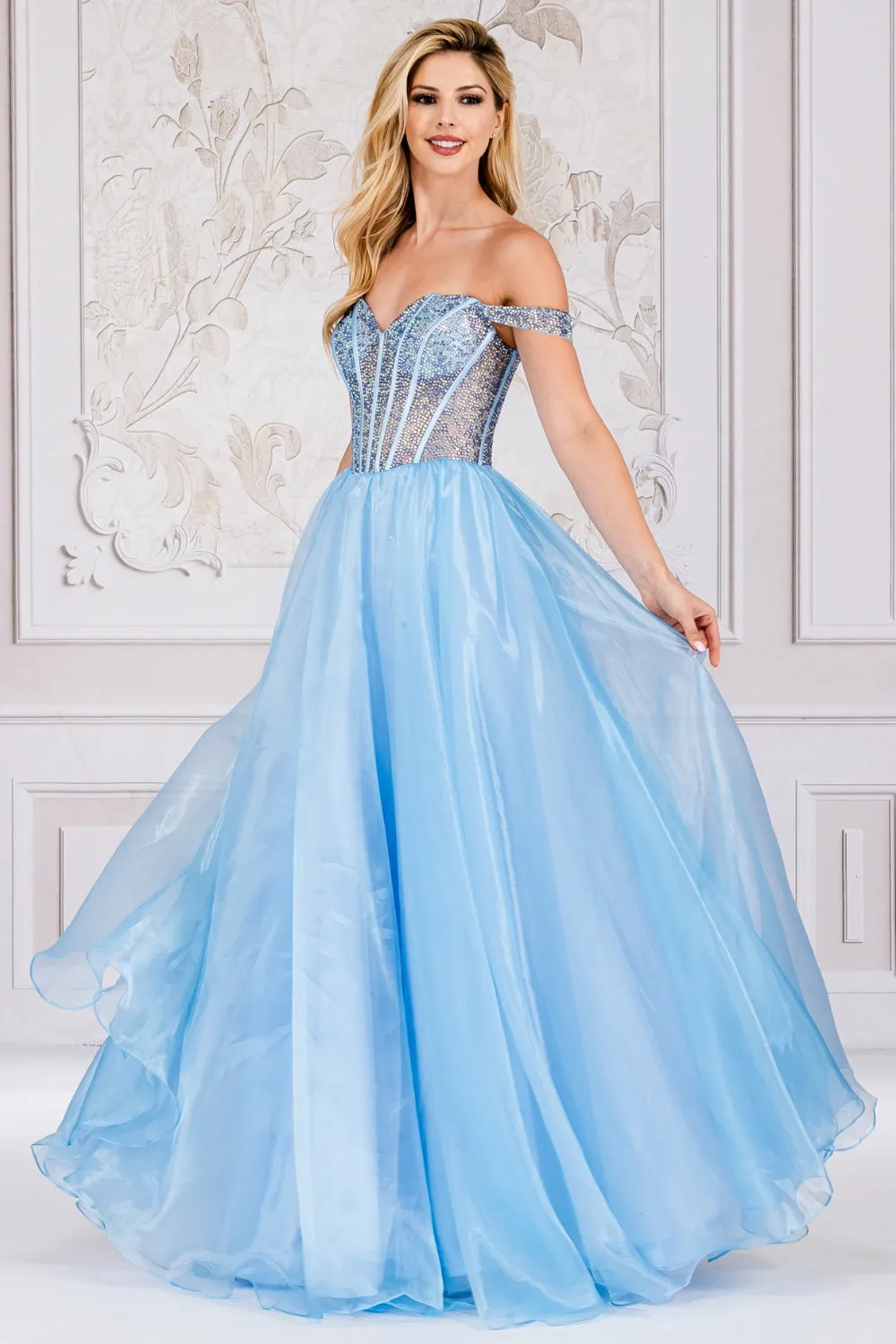 AC 7040 - Off The Shoulder A-Line Prom Gown With Bead Embellished Boned Bodice & Lace Up Corset Back