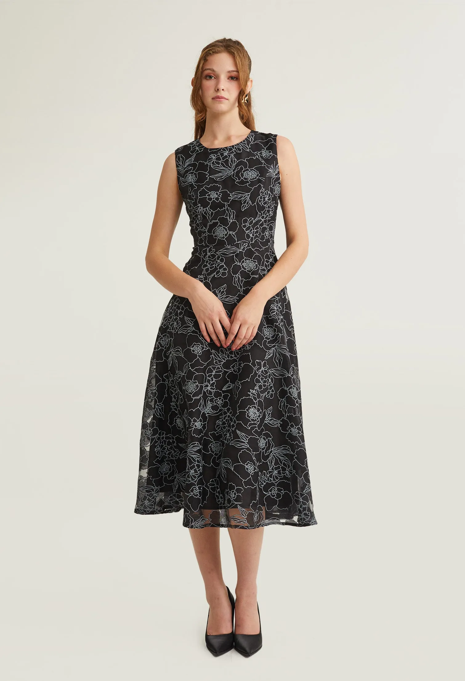 Floral Contrast Embossed Layered Midi Dress