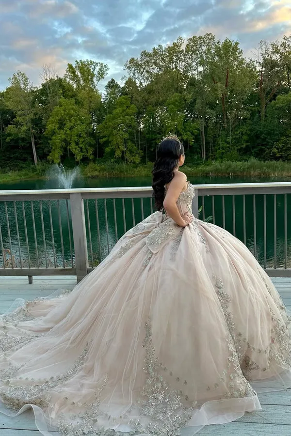 Gorgeous Ball Gown Sequined Lace Pear Pink Prom Dress TP1350